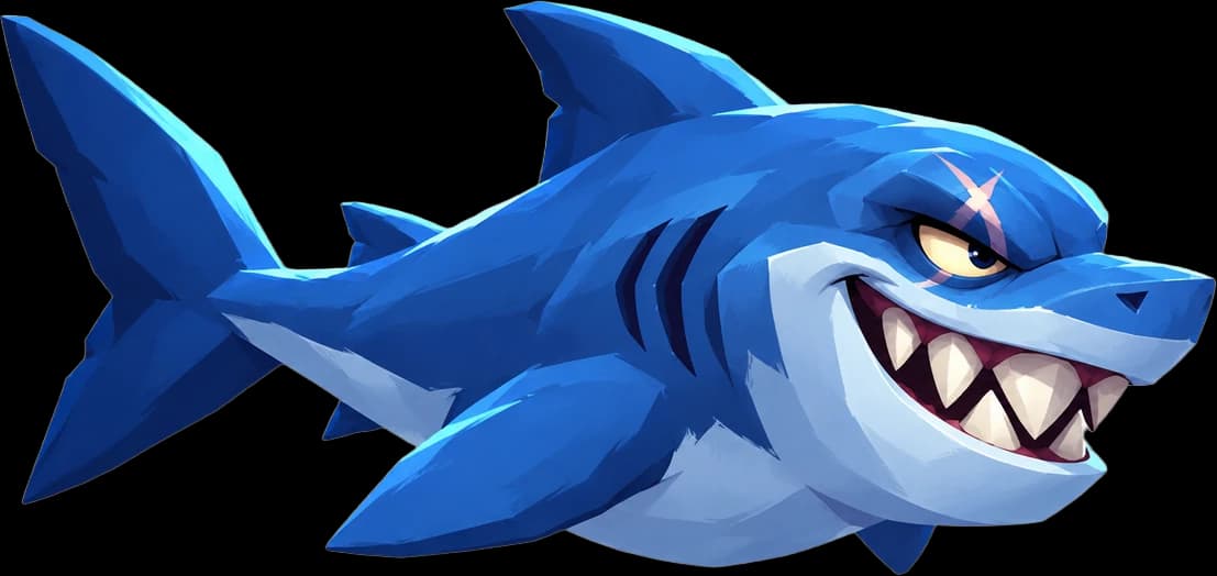 The CROAKZ shark: blue, scar over one eye, grinning with every tooth