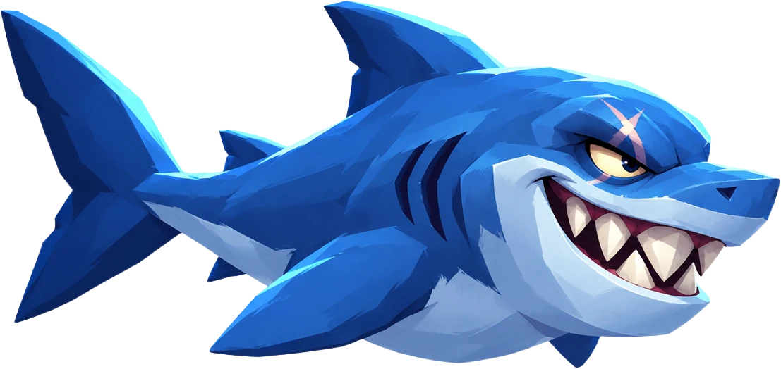 The CROAKZ shark, grinning, scar over one eye